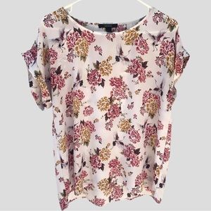 EUC FOREVER 21 Pink/Gold Floral/Bird Print Flowy Semi-Sheer Top Size Medium